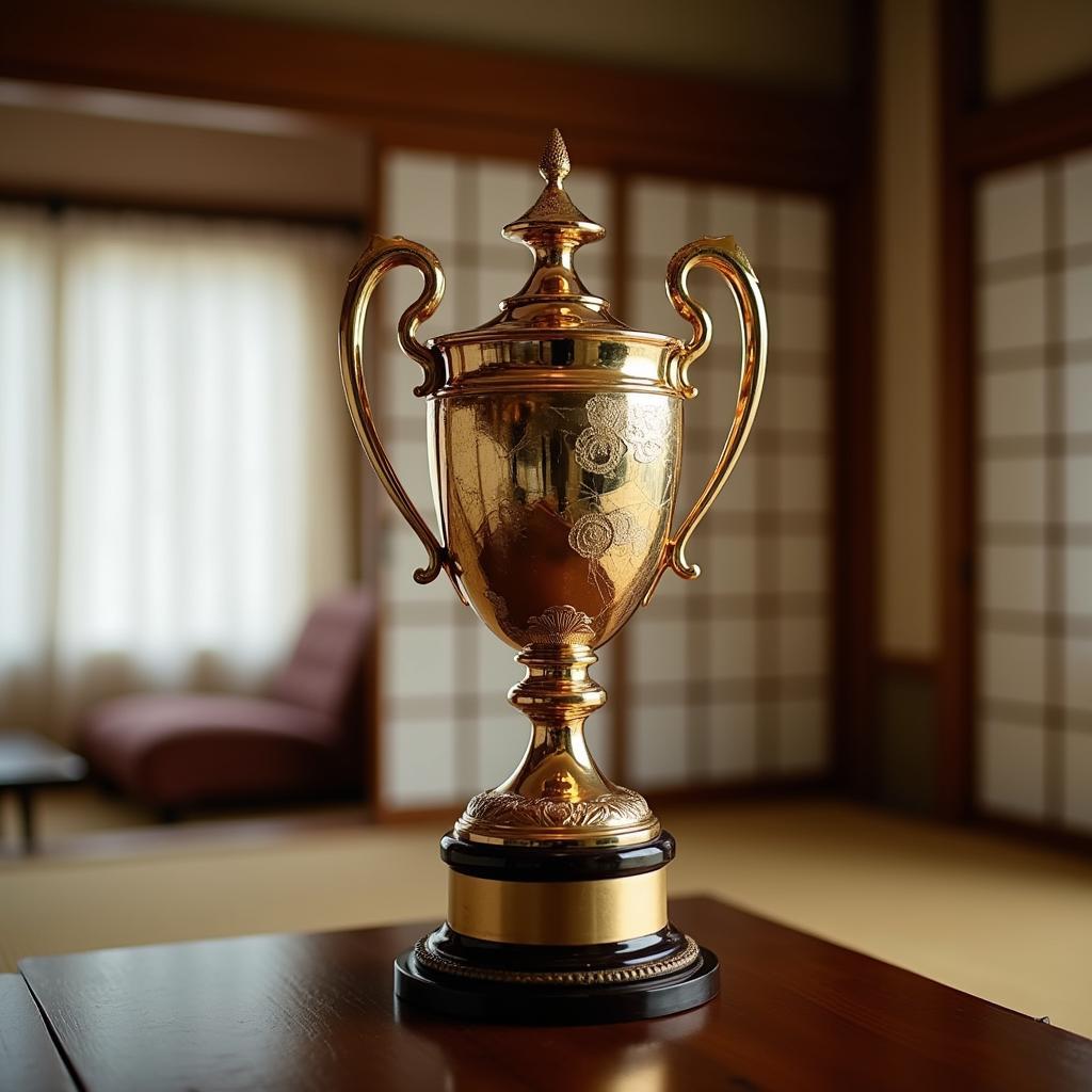 The treble trophy displayed in a Japanese setting.