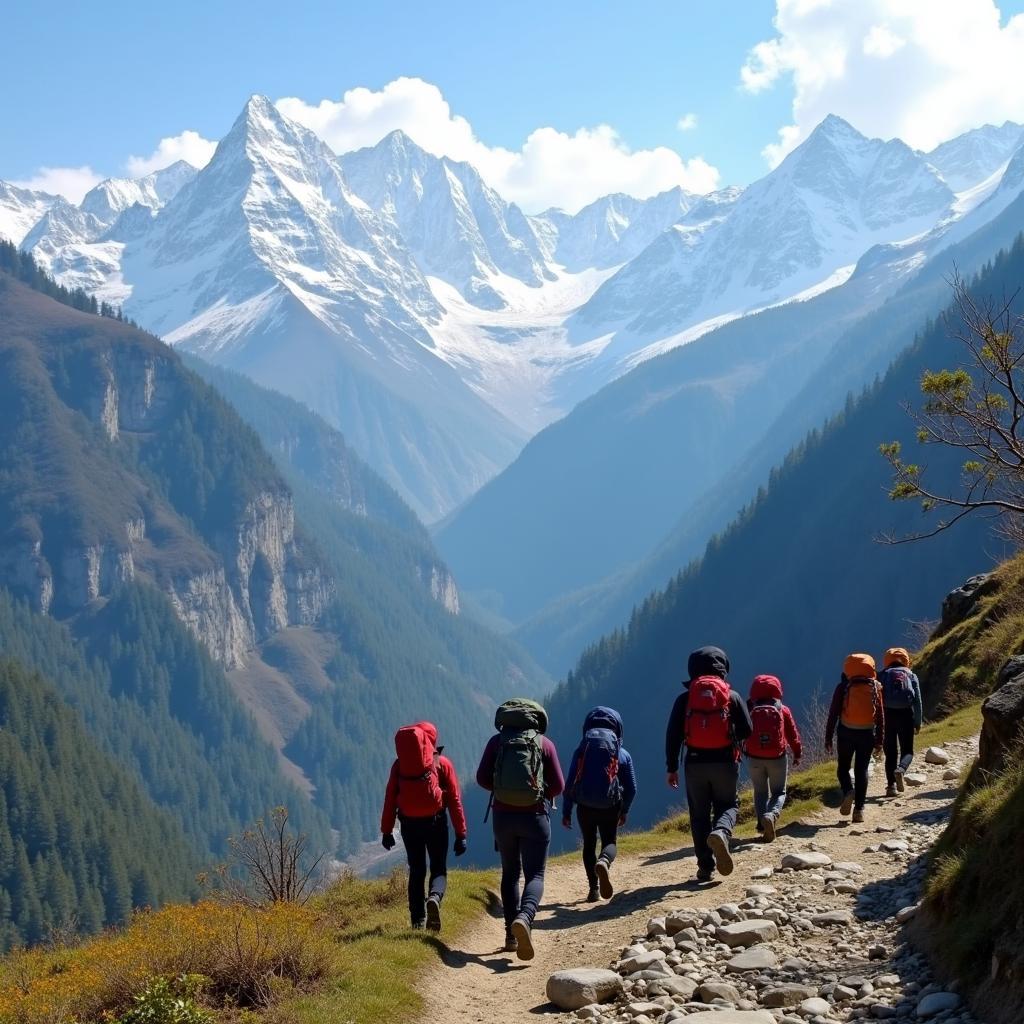 Trekkers navigating a scenic mountain trail in the Himalayas near Uttarkashi