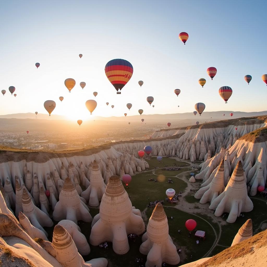 Hot air balloons soar over the otherworldly landscapes of Cappadocia, a must-do experience in Turkey.