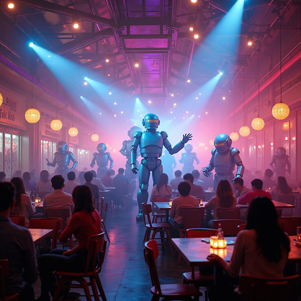 The vibrant chaos of a robot restaurant show