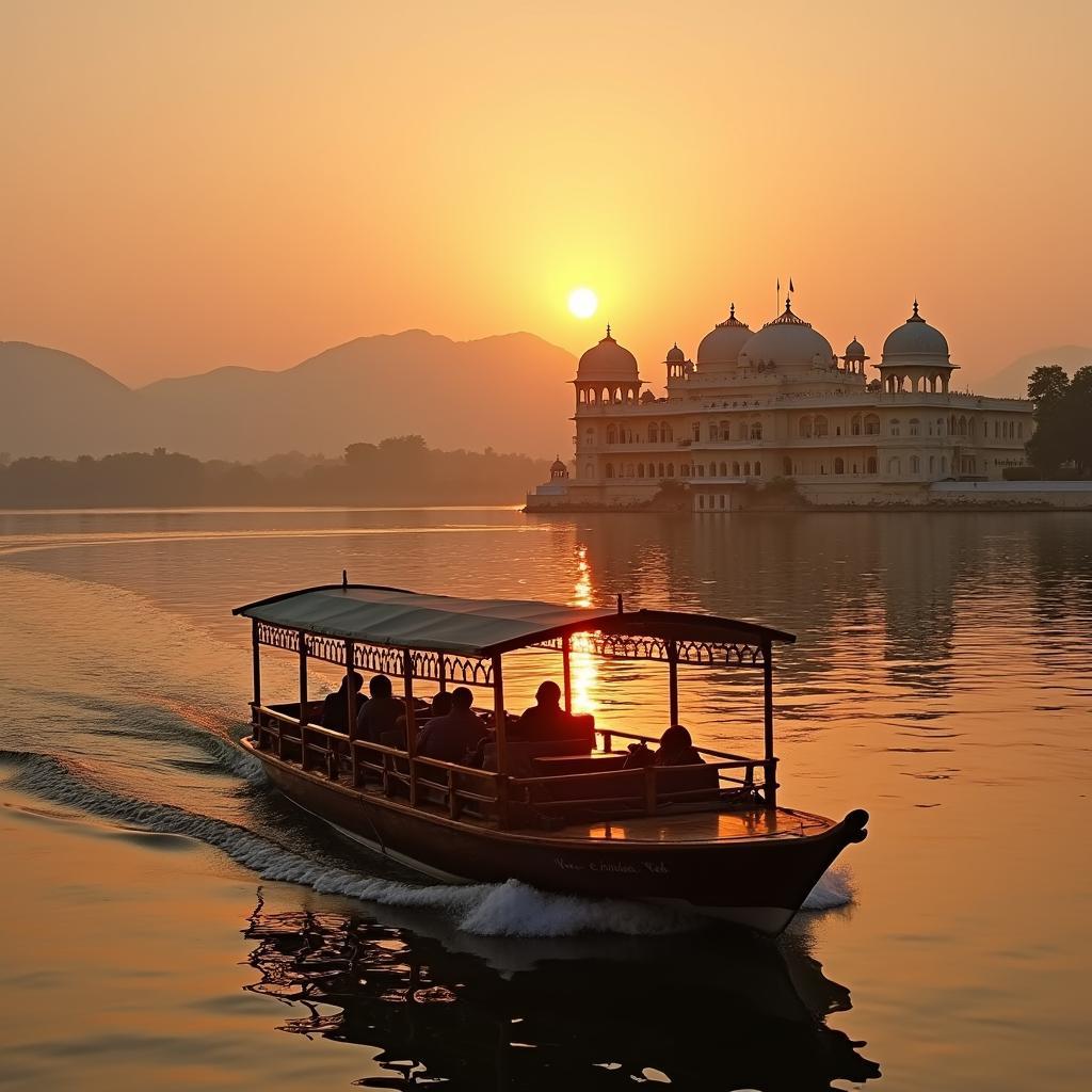 Boat ride on Lake Pichola during sunset with the Lake Palace Hotel in view