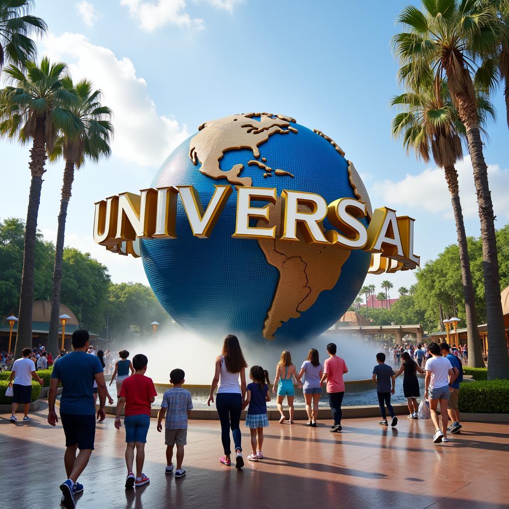 Visitors entering the iconic Universal Studios arch in Singapore.