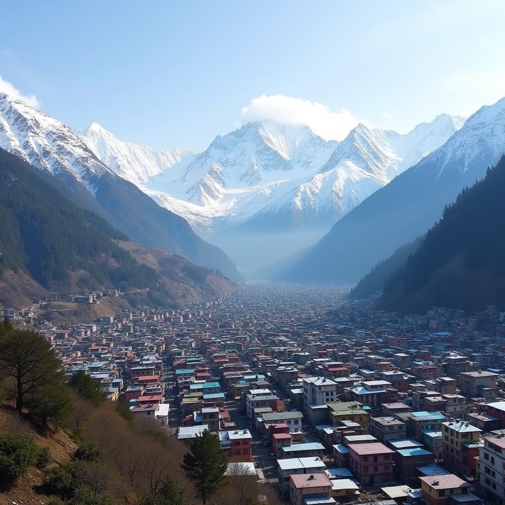 Scenic view of Uttarkashi town nestled amidst the majestic Himalayas