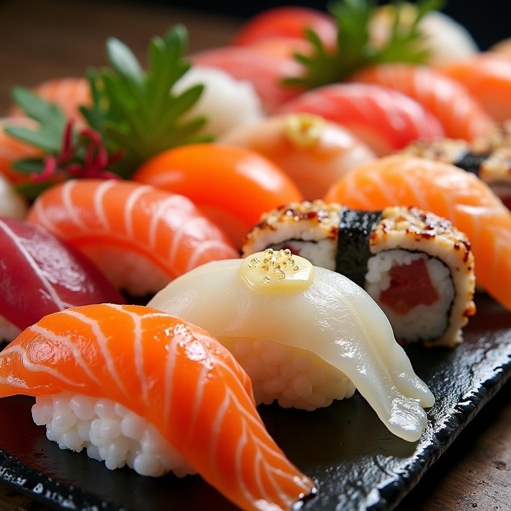 A colorful assortment of sushi presented on a platter during a culinary tour in Japan with Chutti Travels.