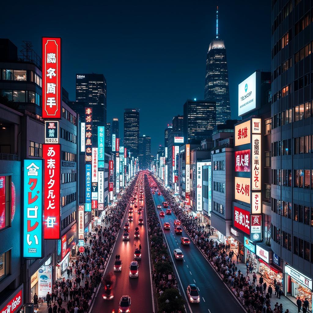 Tokyo city at night with bright neon lights and bustling streets.