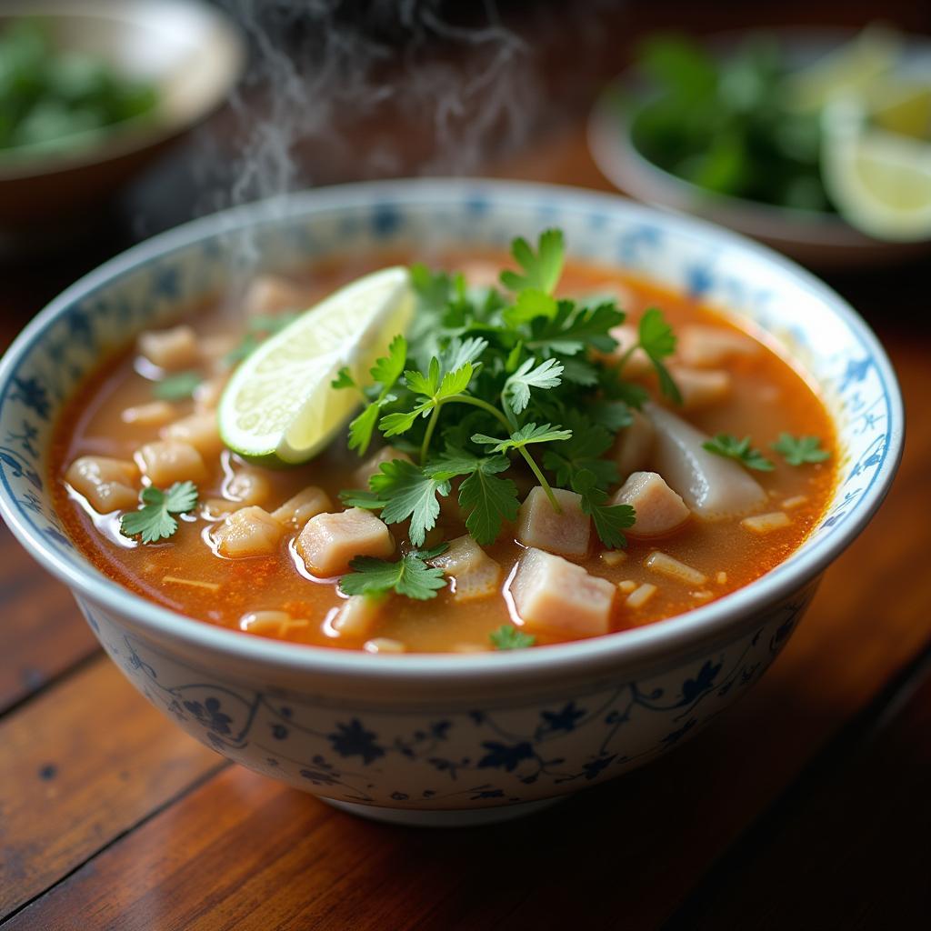 Enjoying a delicious bowl of Pho, a traditional Vietnamese noodle soup, on a street food tour in Hanoi.