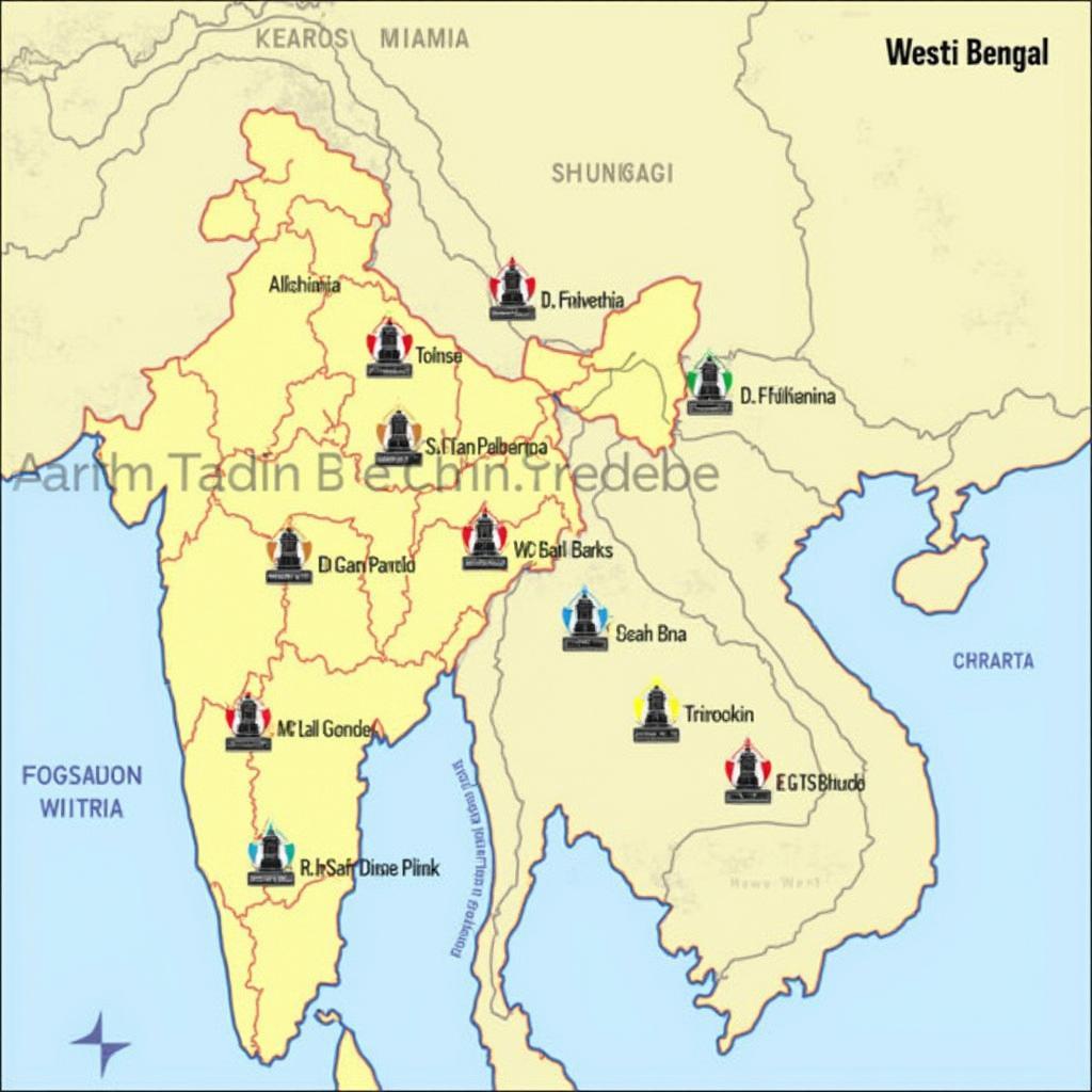 West Bengal Shakti Peeth Map showing locations of various temples