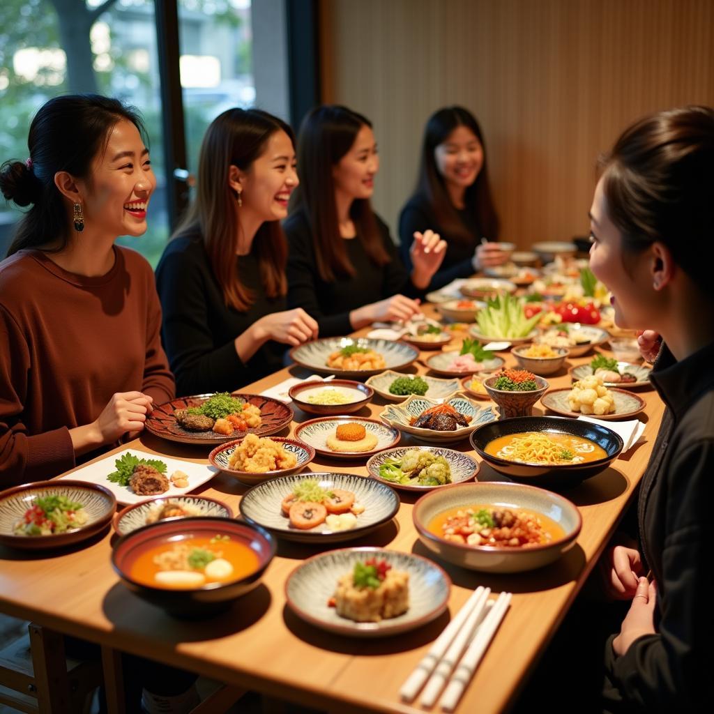 Women enjoying a variety of Japanese dishes